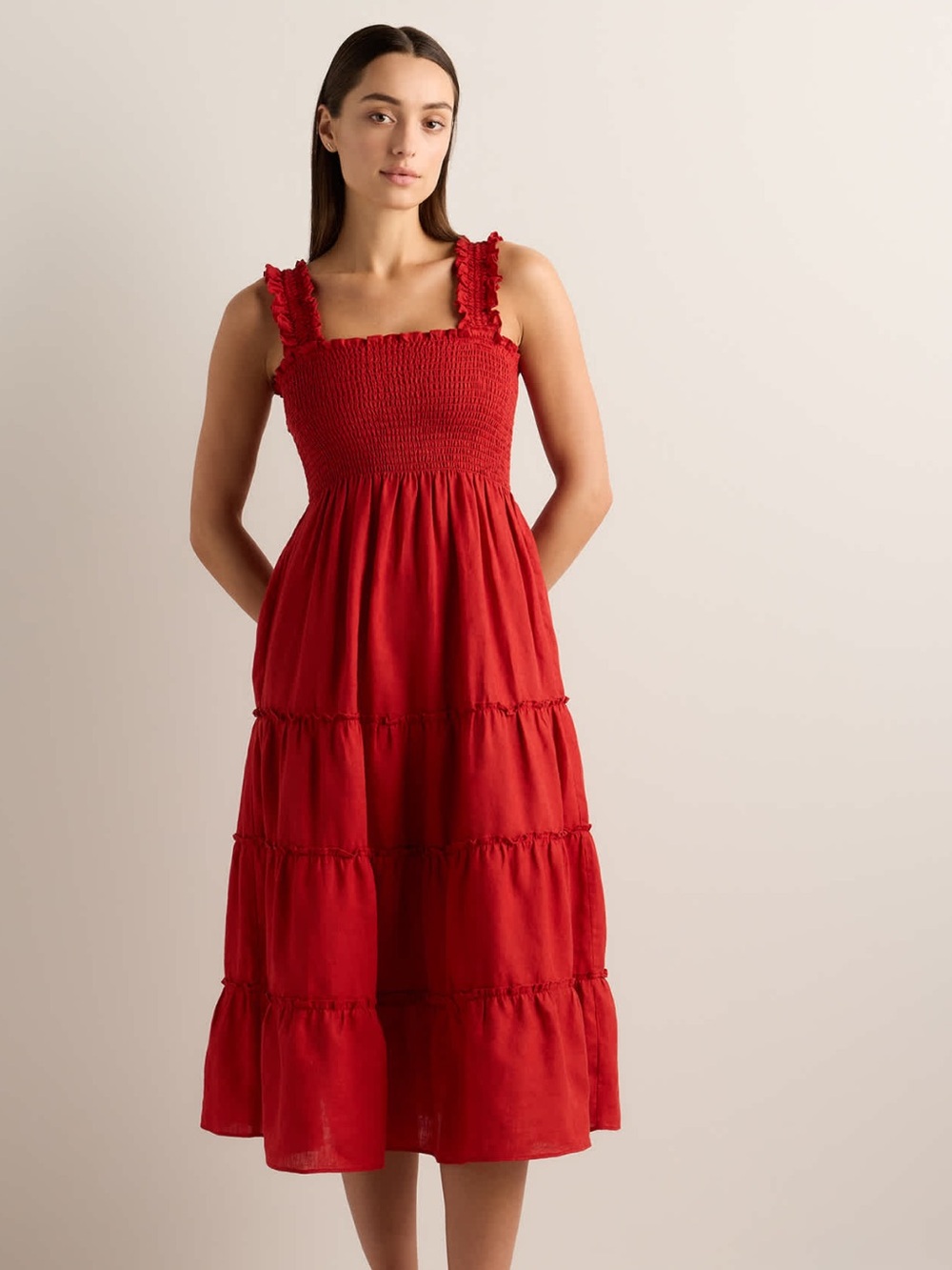 NWOT Quince 100% European Linen Smocked Midi Dress in Chili